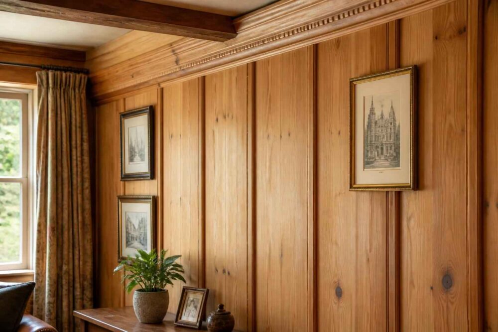 Elegancki salon z boazerią i oprawionymi grafikami Drewniana boazeria w salonie z trzema oprawionymi grafikami, rośliną doniczkową i oknem