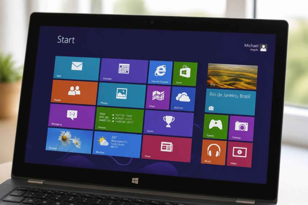 Laptop wyświetlający kolorowy ekran startowy systemu Windows 8