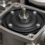 Zbliżenie metalowego mechanizmu pompy z centralnym wałem i czarną membraną