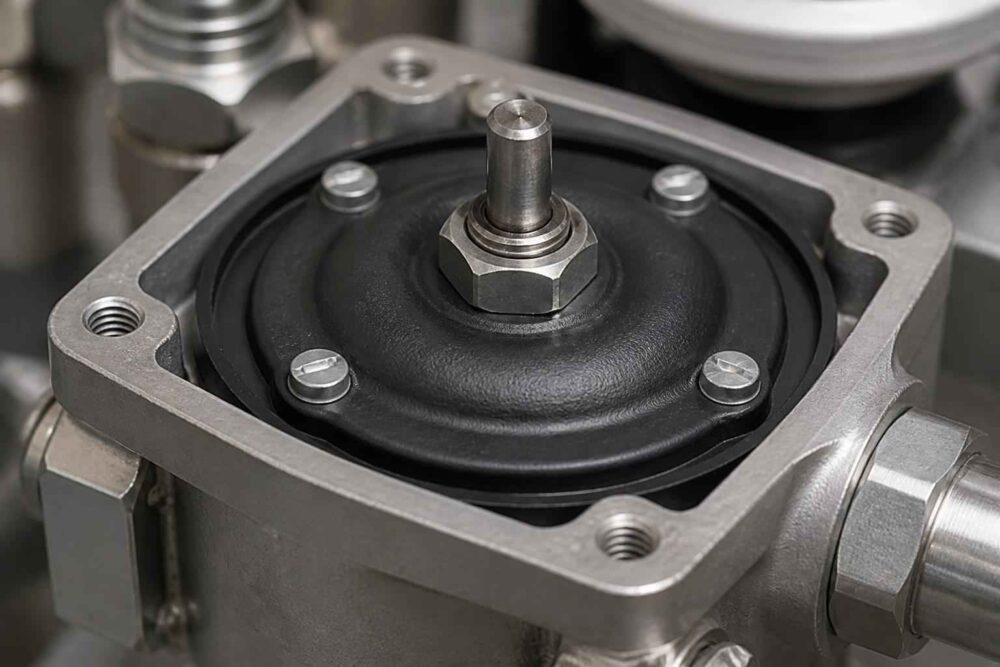 Zbliżenie metalowego mechanizmu pompy z centralnym wałem i czarną membraną
