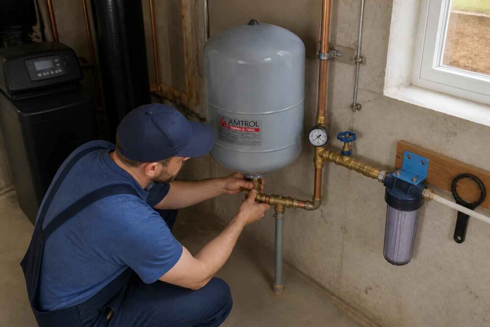 Hydraulik montuje zbiornik hydroforowy i mosiężne przyłącza instalacji wodnej przy filtrze@endsection