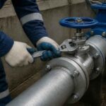 Pracownik w odzieży ochronnej dokręca zawór na metalowym rurociągu kluczem nastawnym