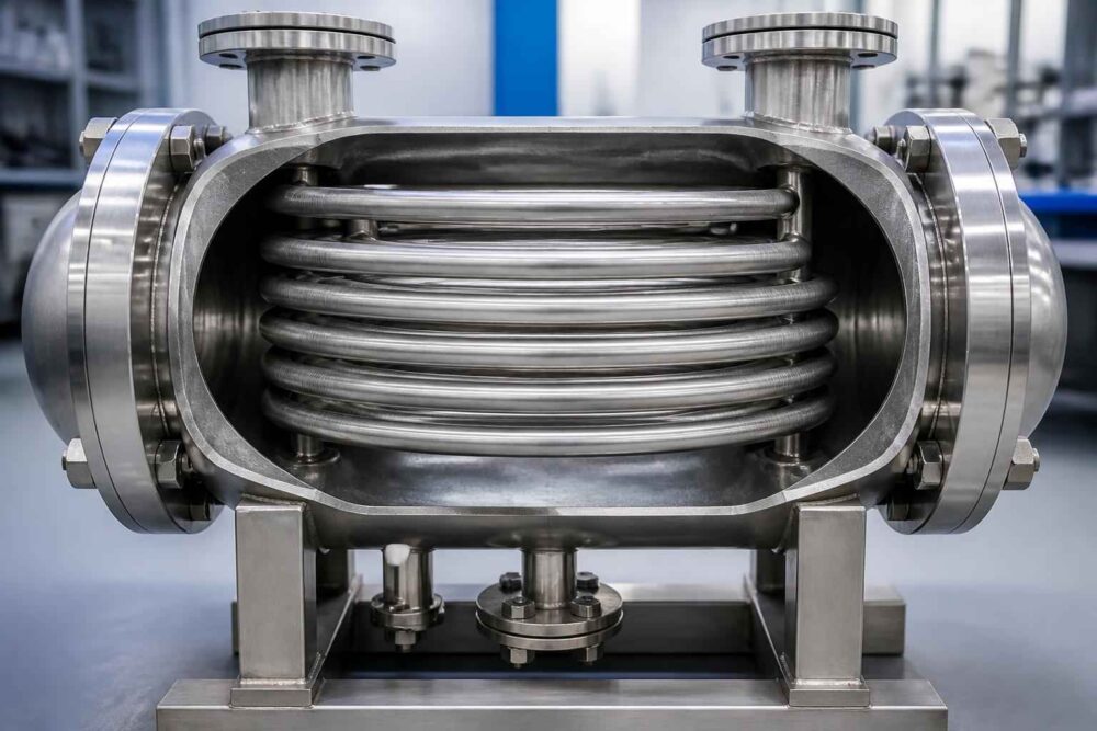 Metalowa komora próżniowa z widocznym spiralnym wymiennikiem rurowym wewnątrz