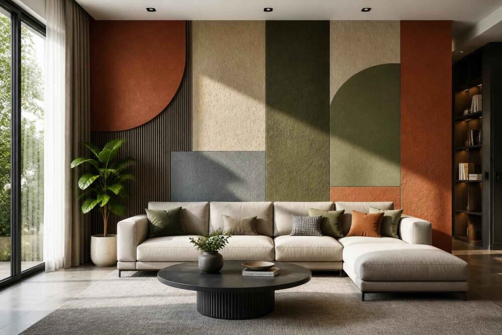 Nowoczesny salon z beżową sofą, geometryczną ścianą, rośliną i okrągłym stolikiem kawowym