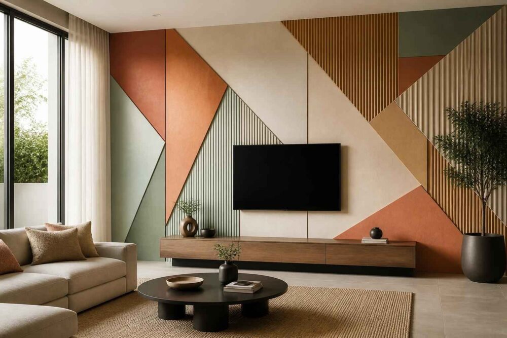 Elegancki salon z beżową sofą, telewizorem i geometryczną ścianą w ciepłych kolorach