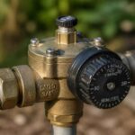 Mosiężny zawór mieszający z czarnym pokrętłem regulacji temperatury i podłączonymi rurami
