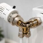 Mosiężny zawór termostatyczny podłączony do białego grzejnika ściennego